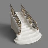 Beige marble staircase with wrought iron railing